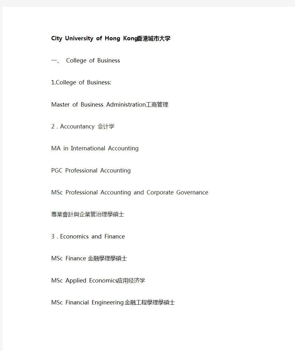香港城市大学研究生专业设置