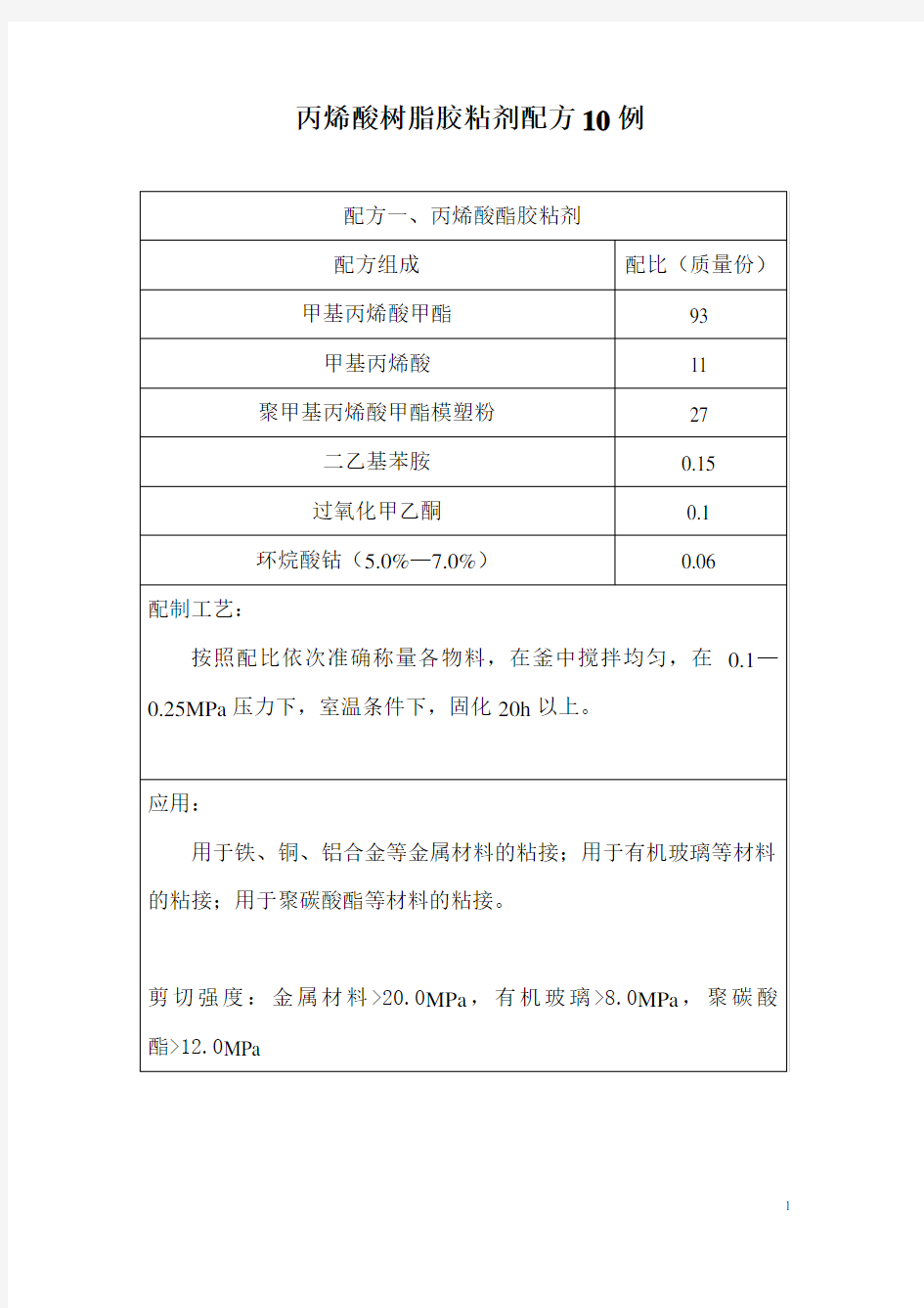 丙烯酸树脂胶粘剂配方10例