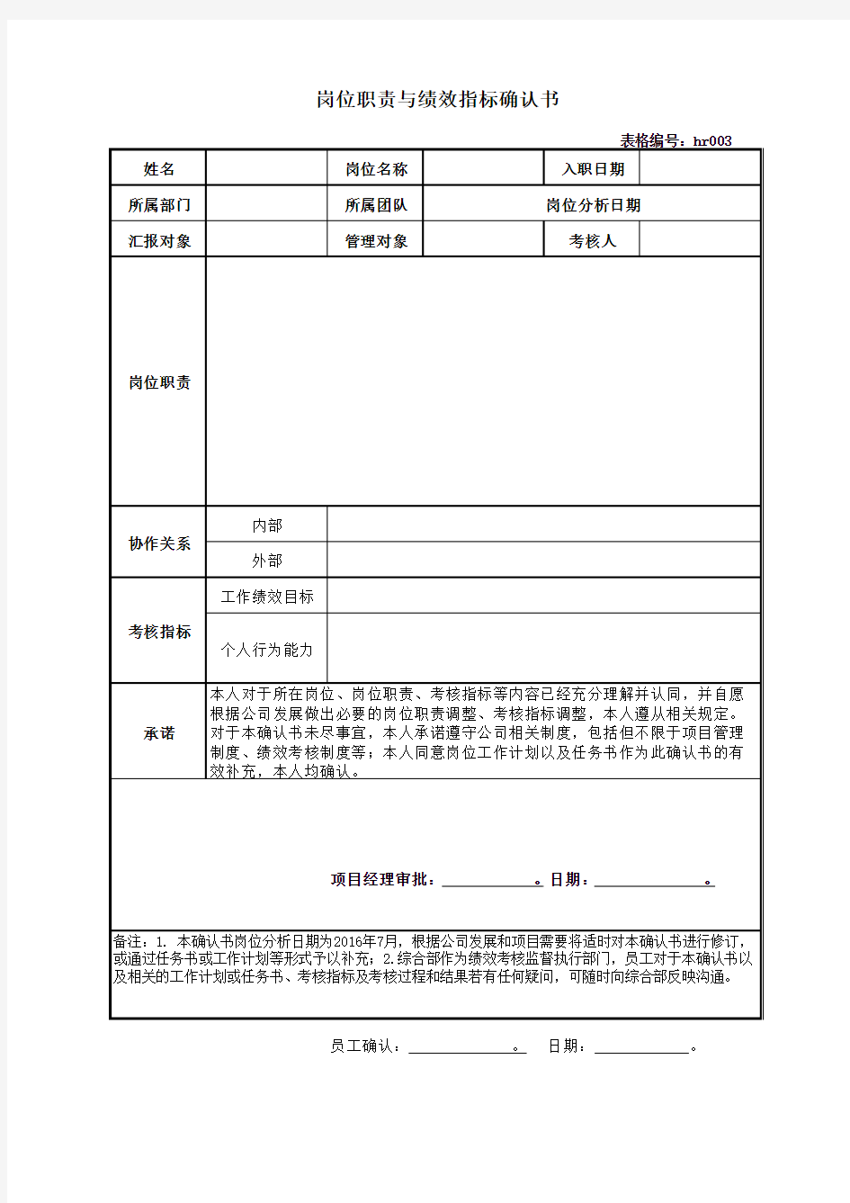 岗位职责及绩效指标确认书模板