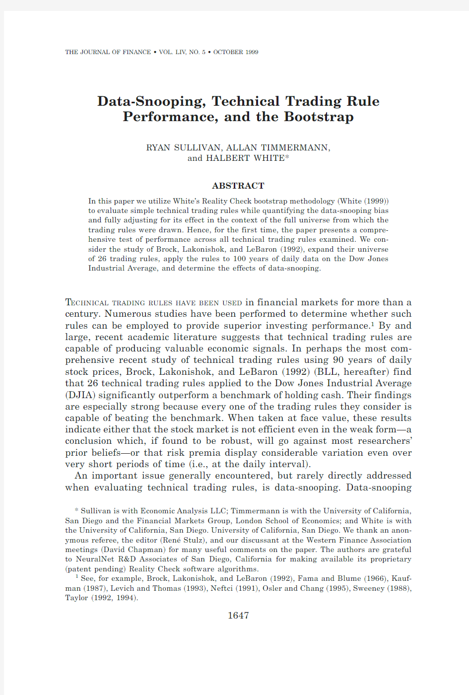 Data Snooping Technical Trading Rule Performance and the Bootstrap(Journal of Finance)