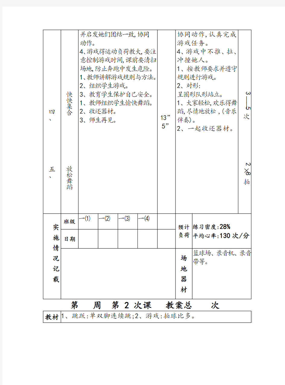 最新小学体育课教案