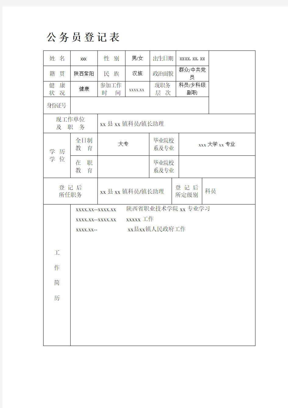 公务员登记表(填写参考)