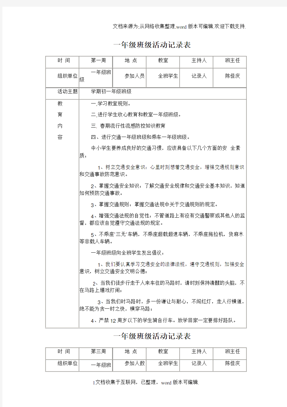 一年级班级活动记录表