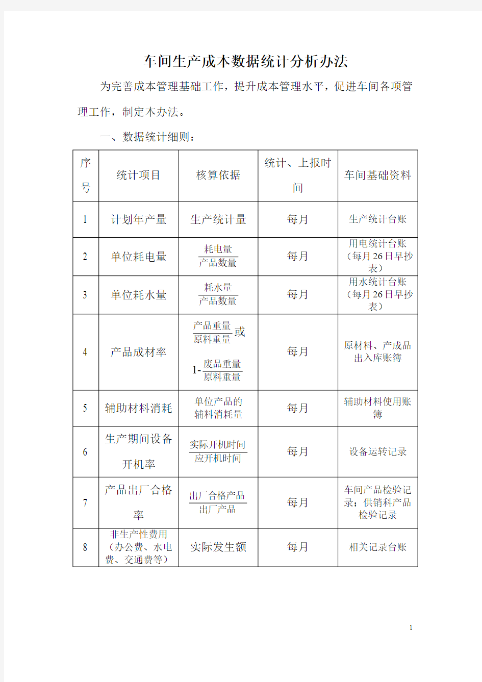 生产成本数据统计办法