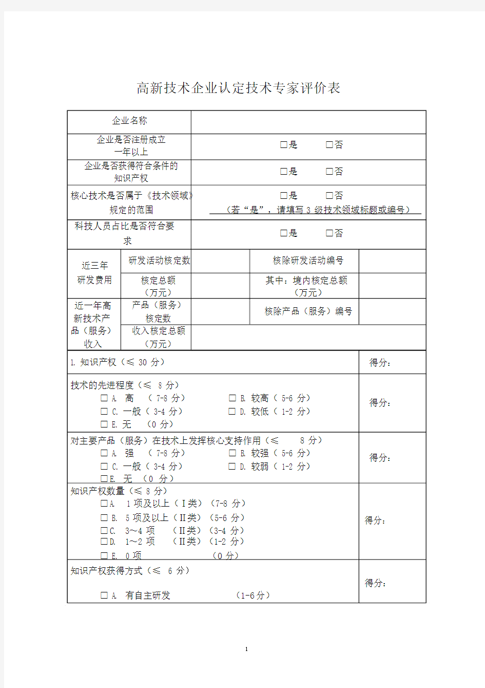 (完整)高新技术企业认定技术专家评价表.docx