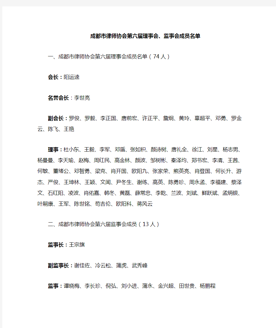 成都市律师协会理事会、监事会成员名单