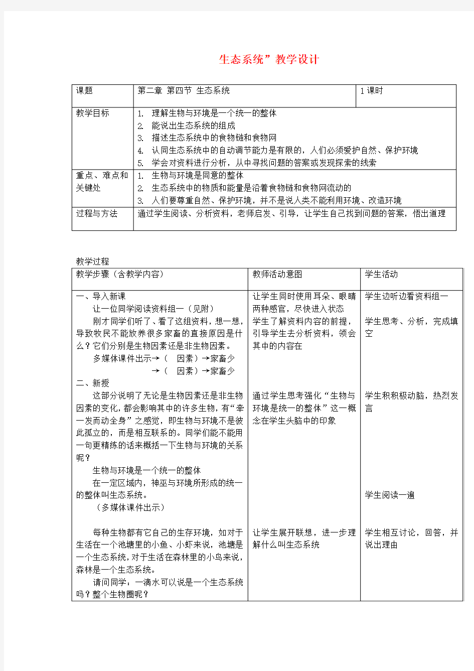 七年级生物上册 第二章生物圈是所有生物的家第四节生态系统教案 人教新课标版