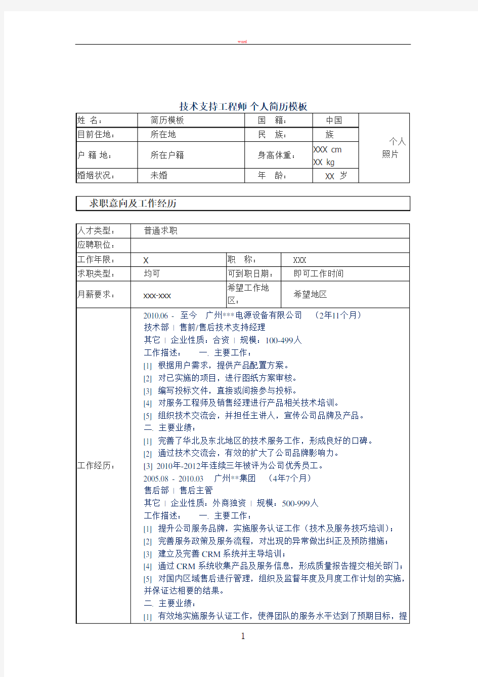 技术支持工程师 个人简历模板