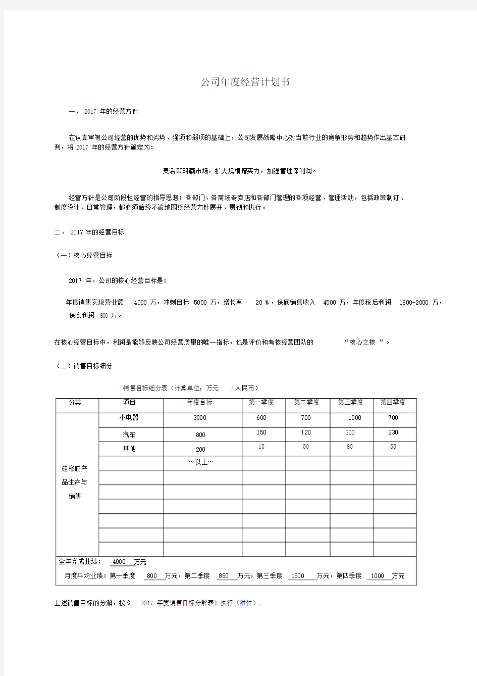 公司年度经营计划书(2017)