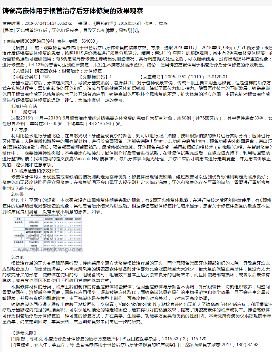 铸瓷高嵌体用于根管治疗后牙体修复的效果观察