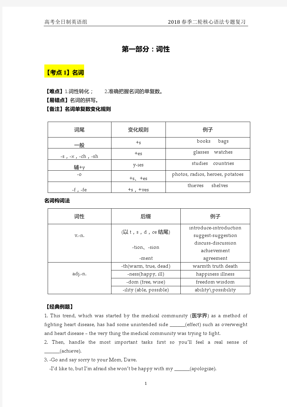 2018高考英语核心语法专题复习