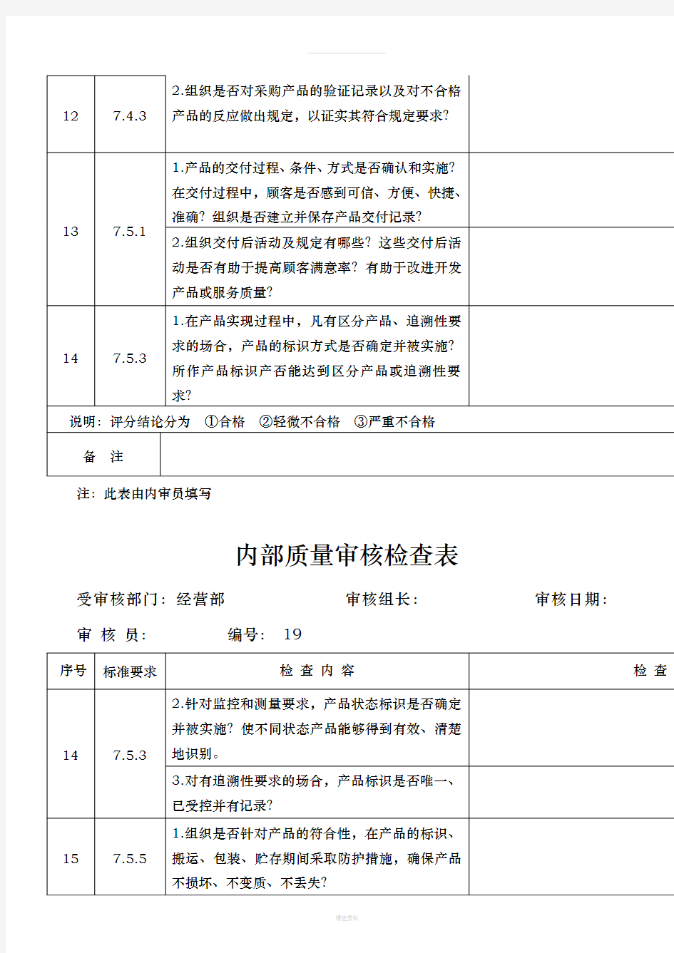 内部质量审核检查表三