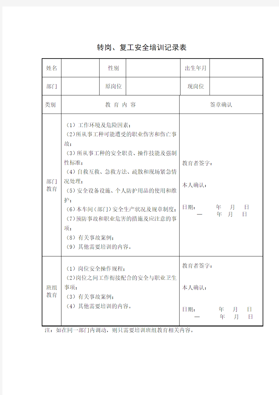 2-5、转岗安全培训记录表