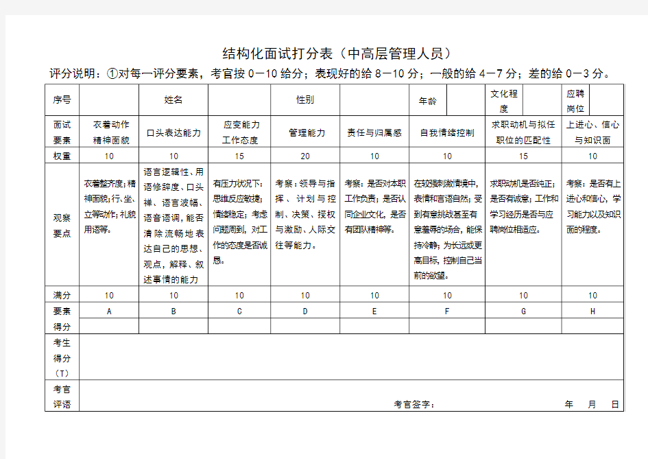 结构化面试打分表