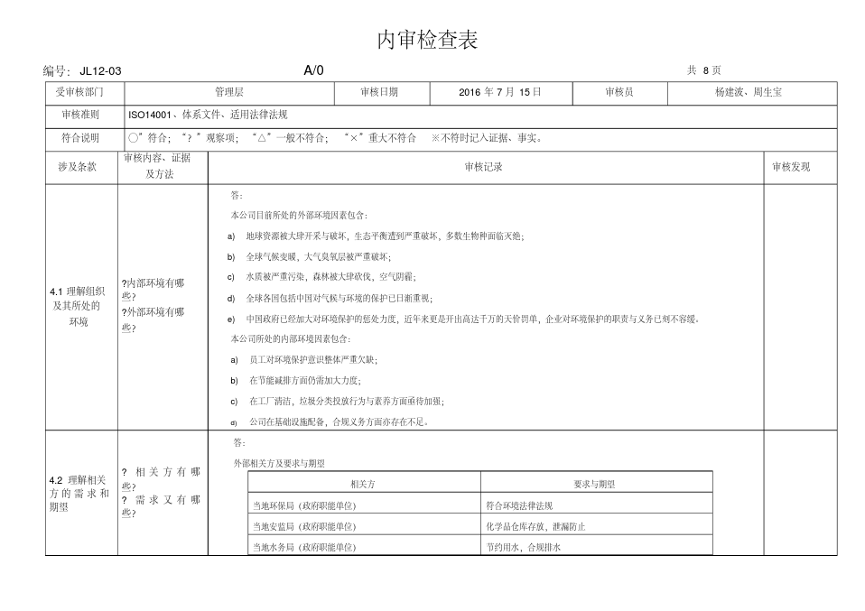 环境内审检查表2015版