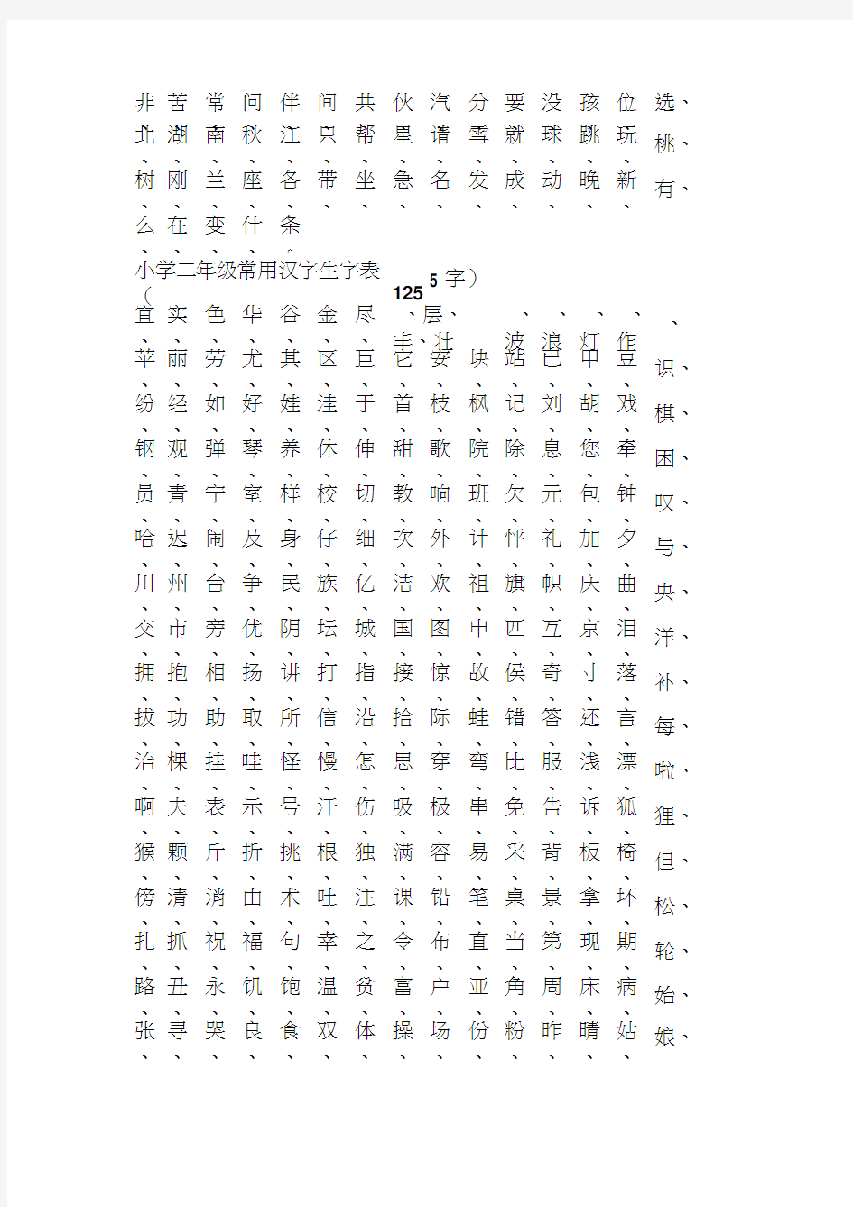 小学一年级至五年级常用汉字生字表