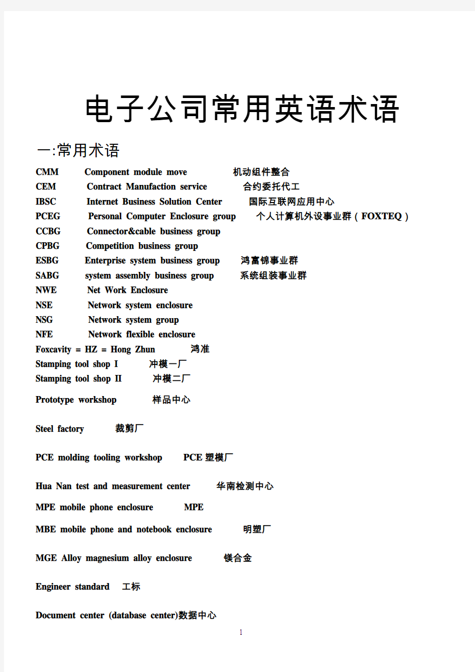 电子企业常用英语术语