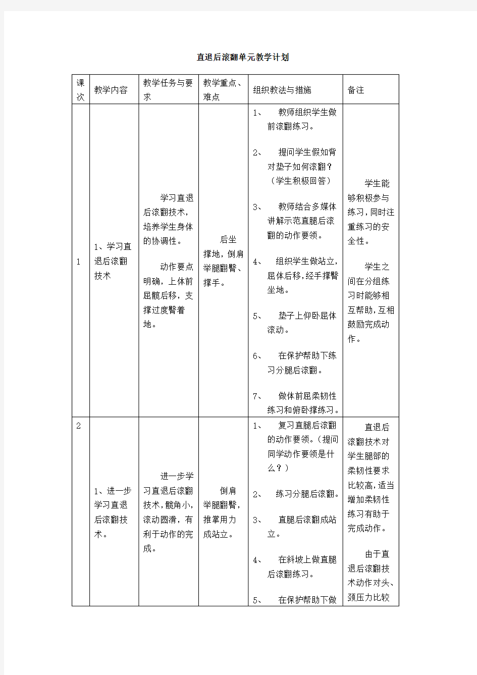 直退后滚翻单元教学计划