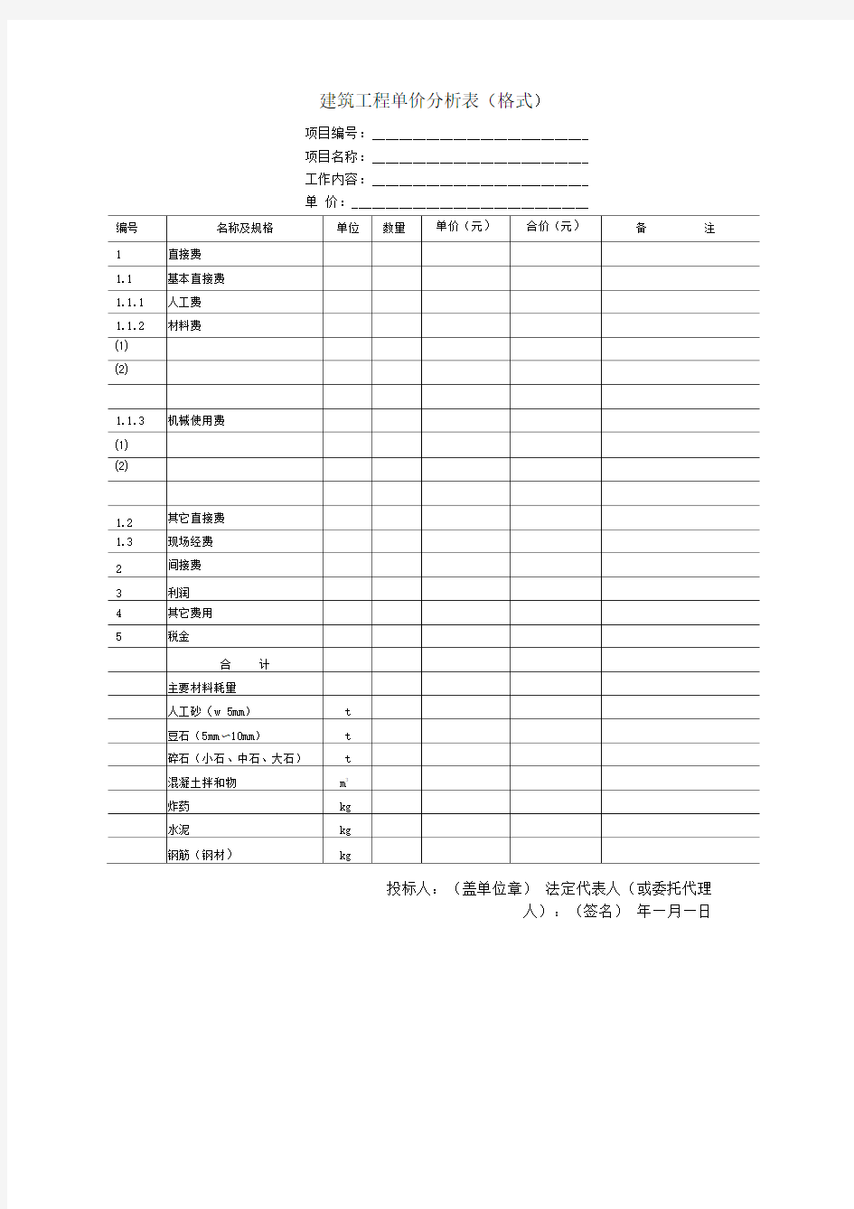 建筑工程单价分析表