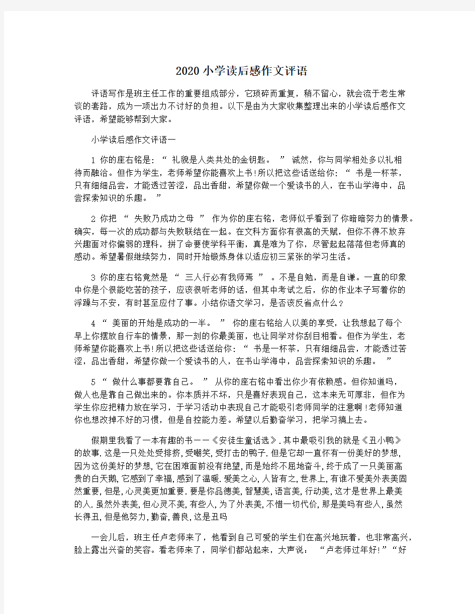 2020小学读后感作文评语