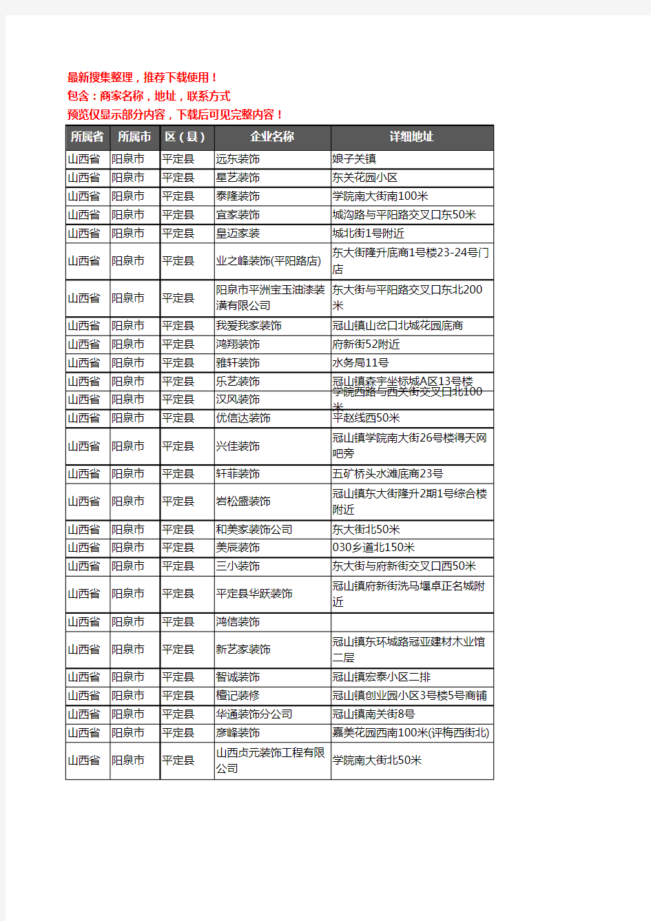 新版山西省阳泉市平定县装修公司企业公司商家户名录单联系方式地址大全27家