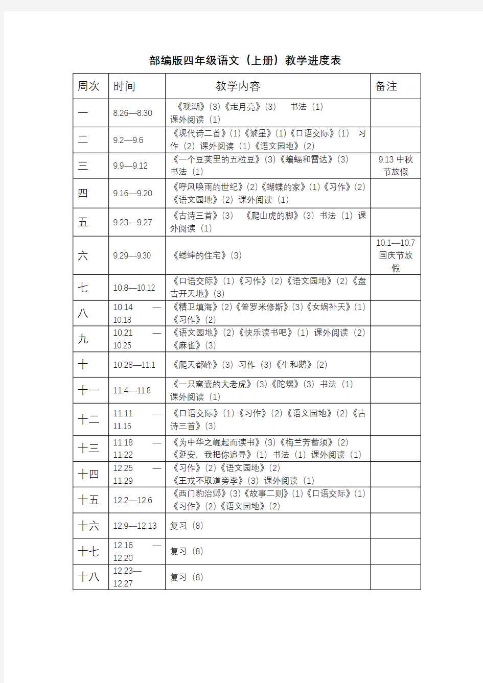 部编版四年级语文(上册)教学进度表