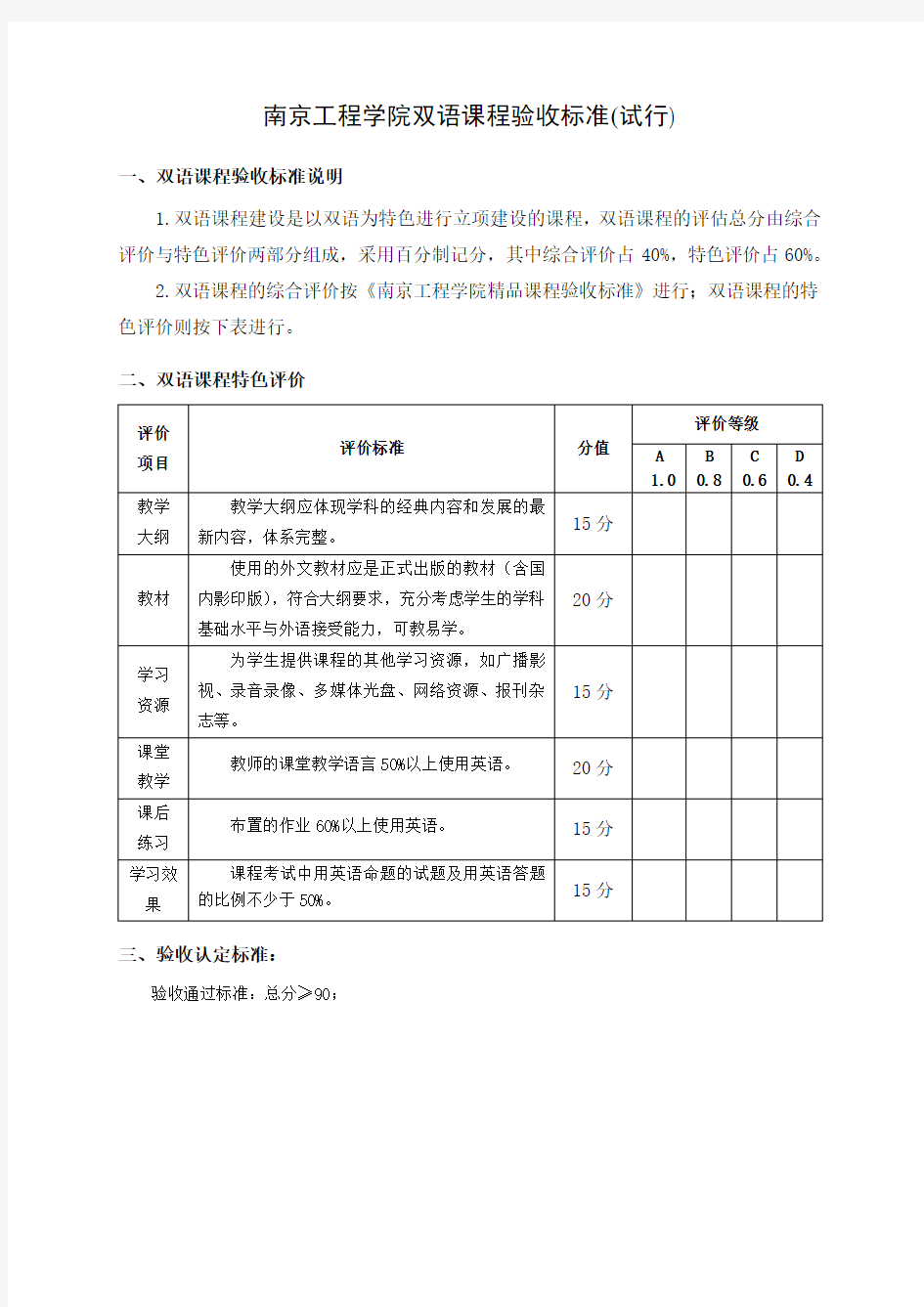 南京工程学院双语课程验收标准(试行)(精)