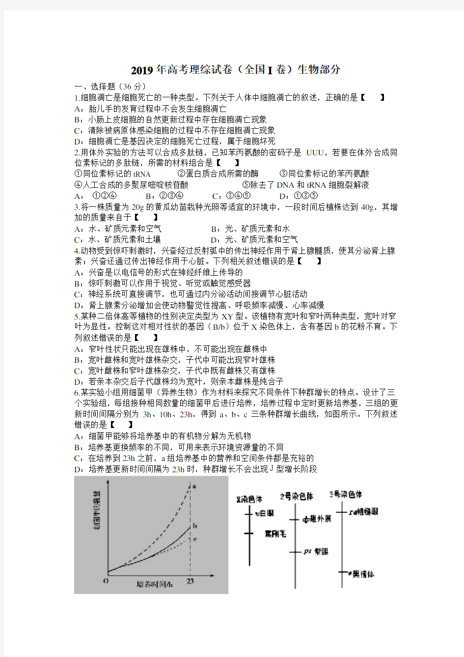 2019年高考理综试卷(全国I卷)生物部分