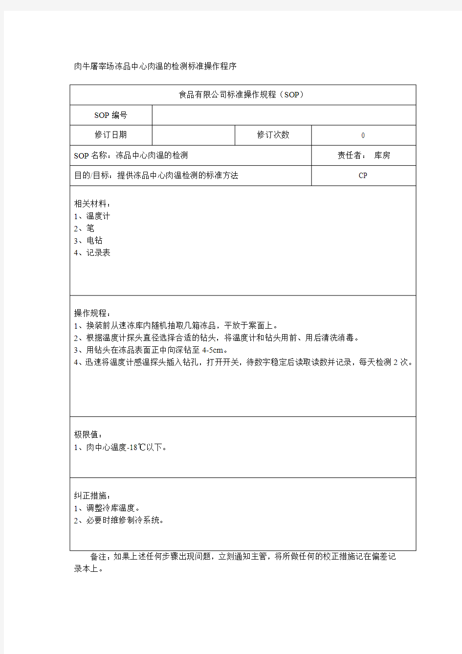 肉牛屠宰场冻品中心肉温的检测标准操作程序