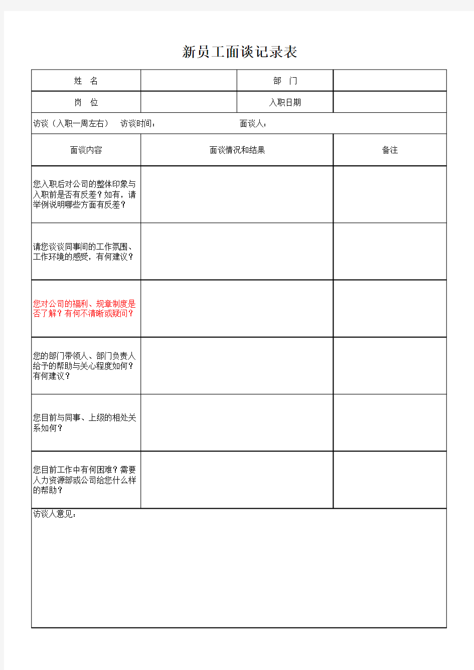 新员工面谈记录表