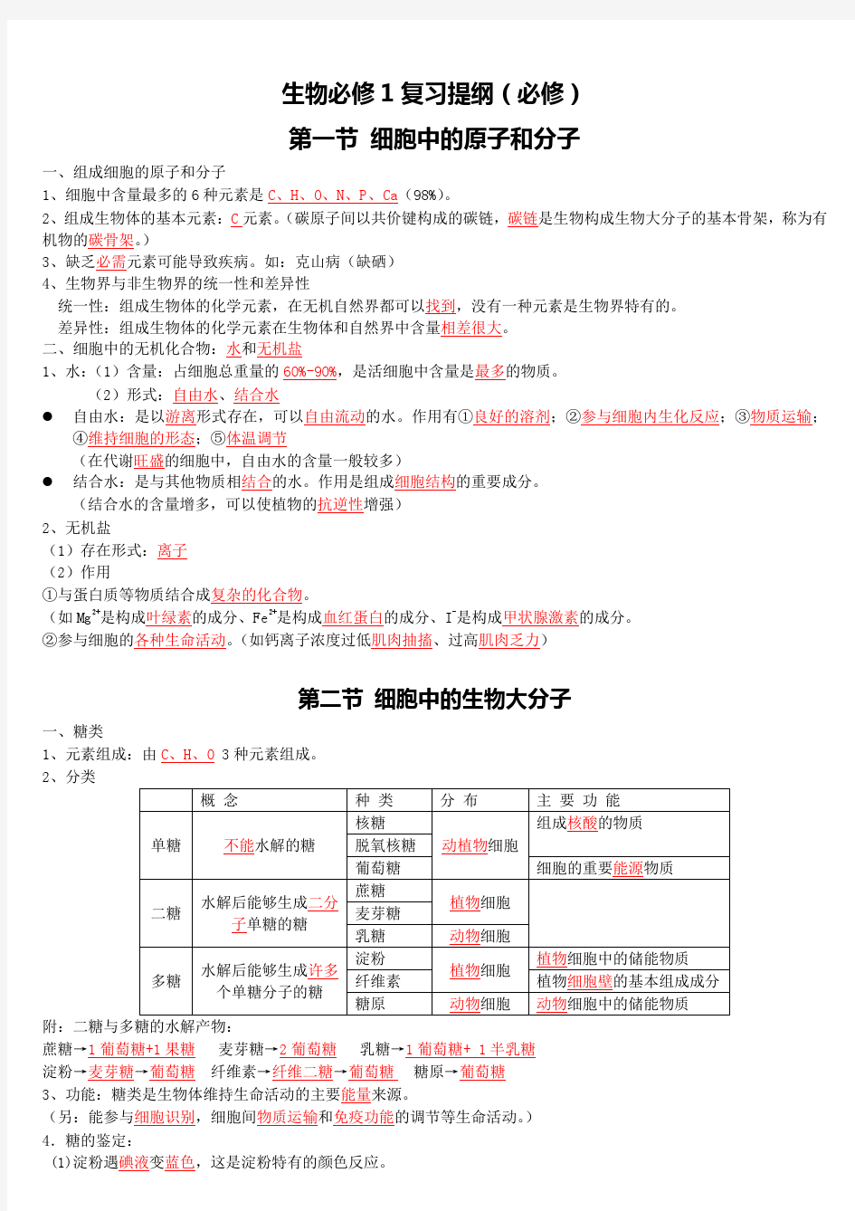 高中生物第一轮复习知识点汇总