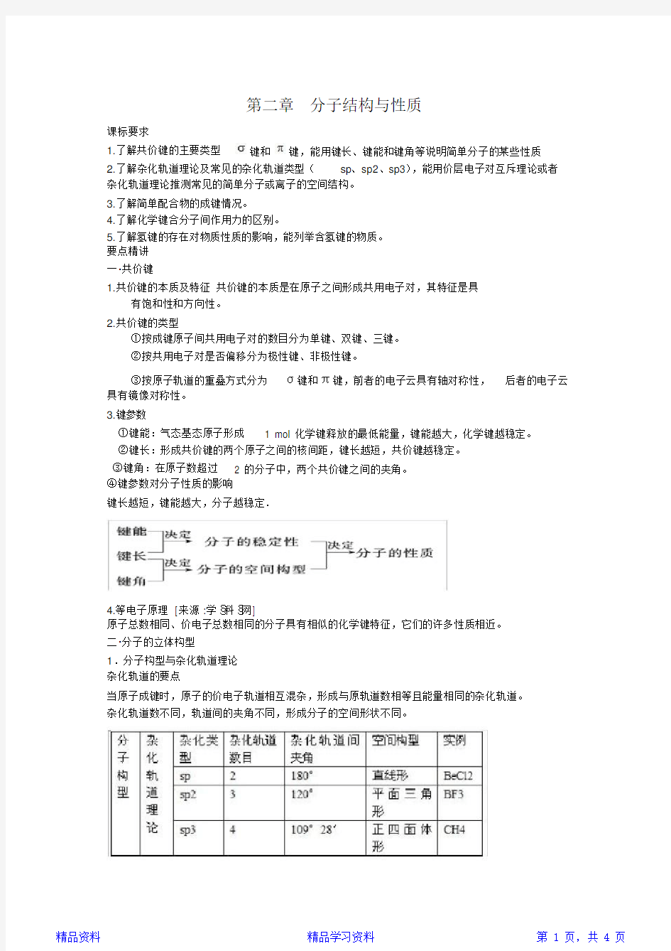 【人教版】高中化学选修3知识点总结：第二章分子结构与性质(精华版)