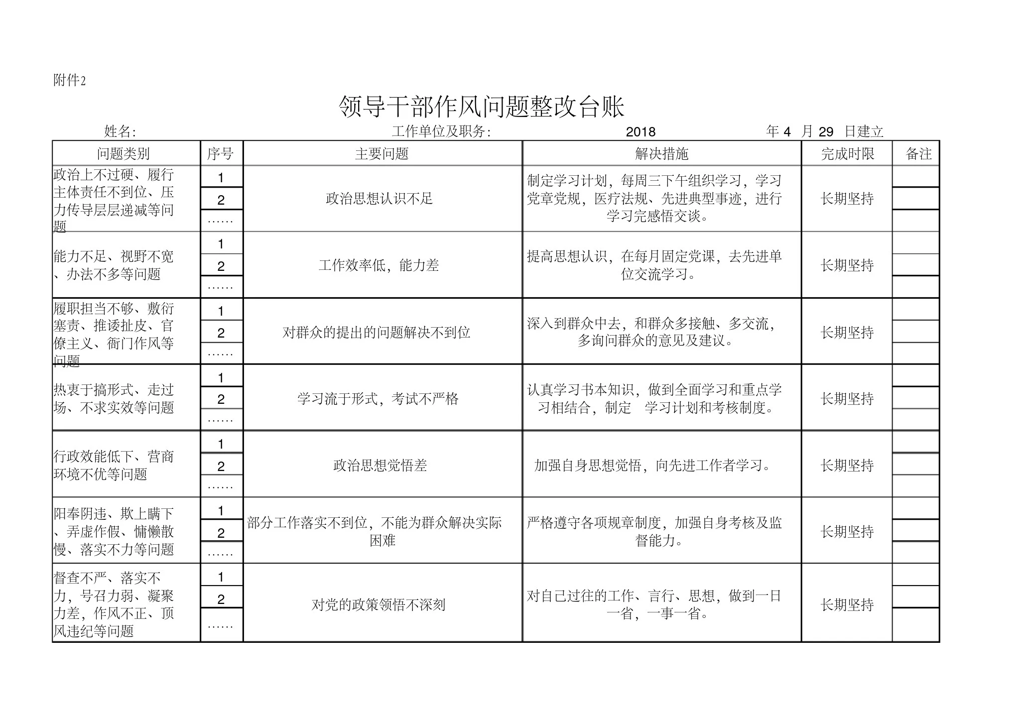 领导作风问题整改台账(干部模板)