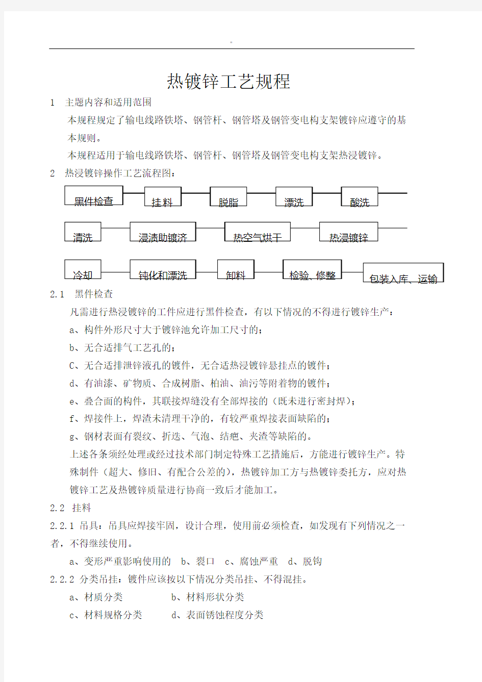 热镀锌工艺标准规程