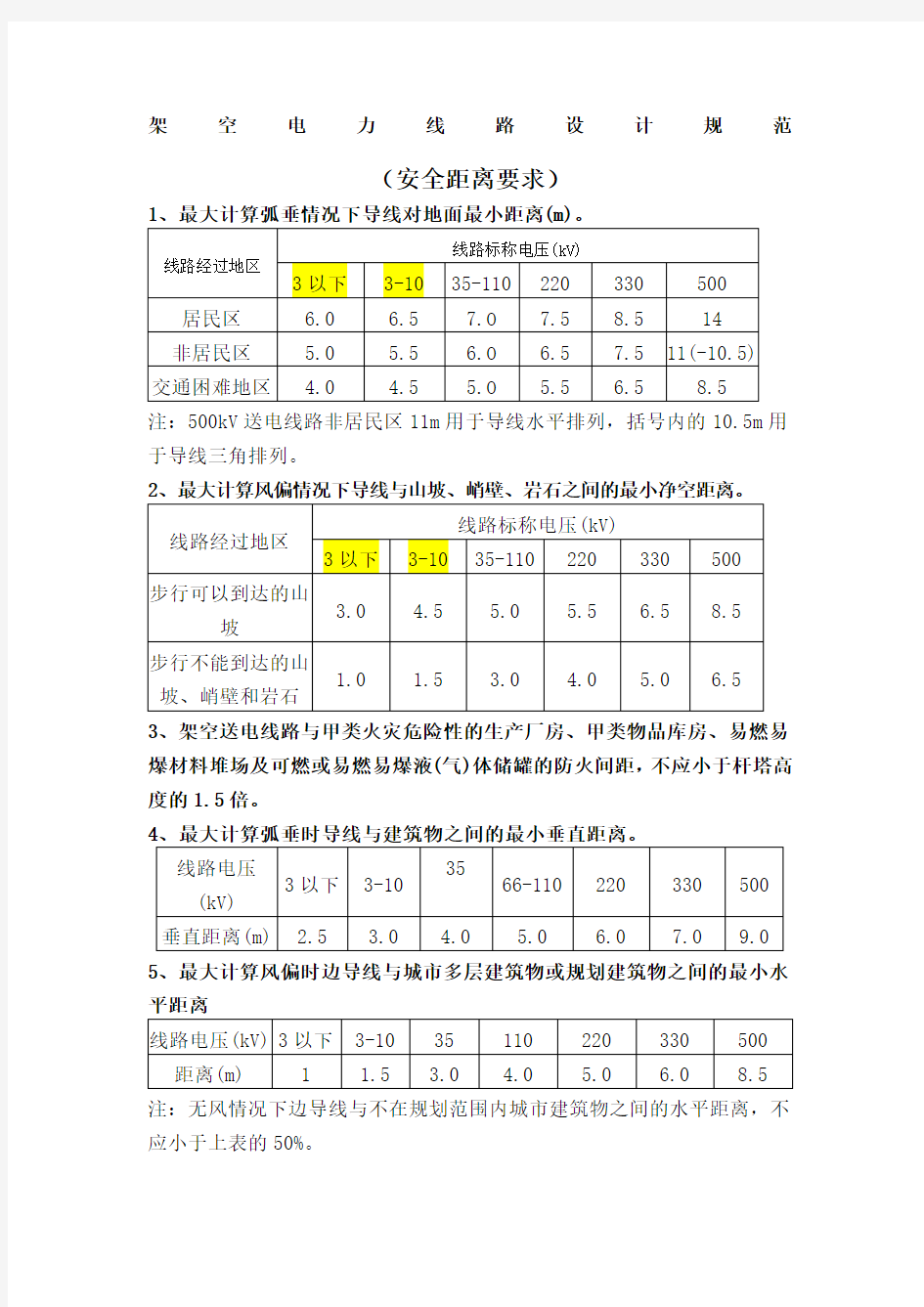 电力架空线路安全距离规定