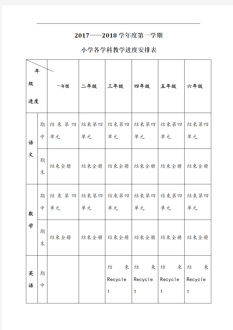 小学各学科教学进度安排表