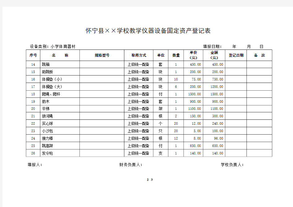 13 小学体育器材固定资产登记表(标准)