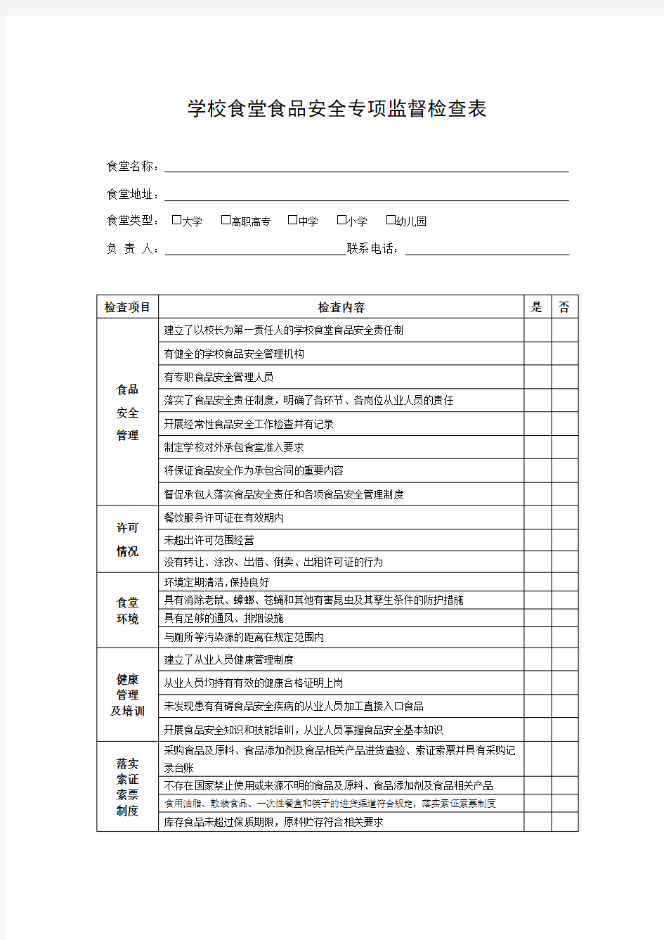 学校食堂食品安全专项监督检查表