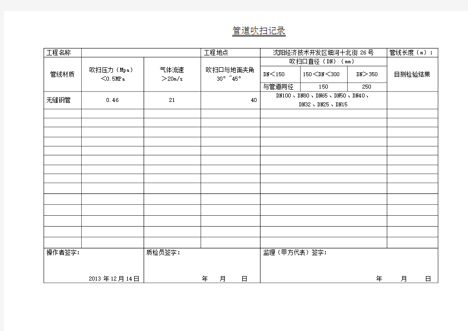 管道吹扫记录