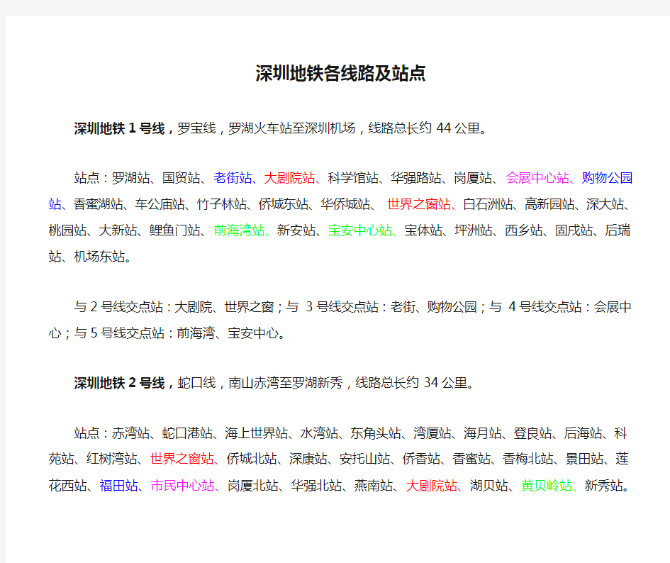 深圳地铁各线路及站点