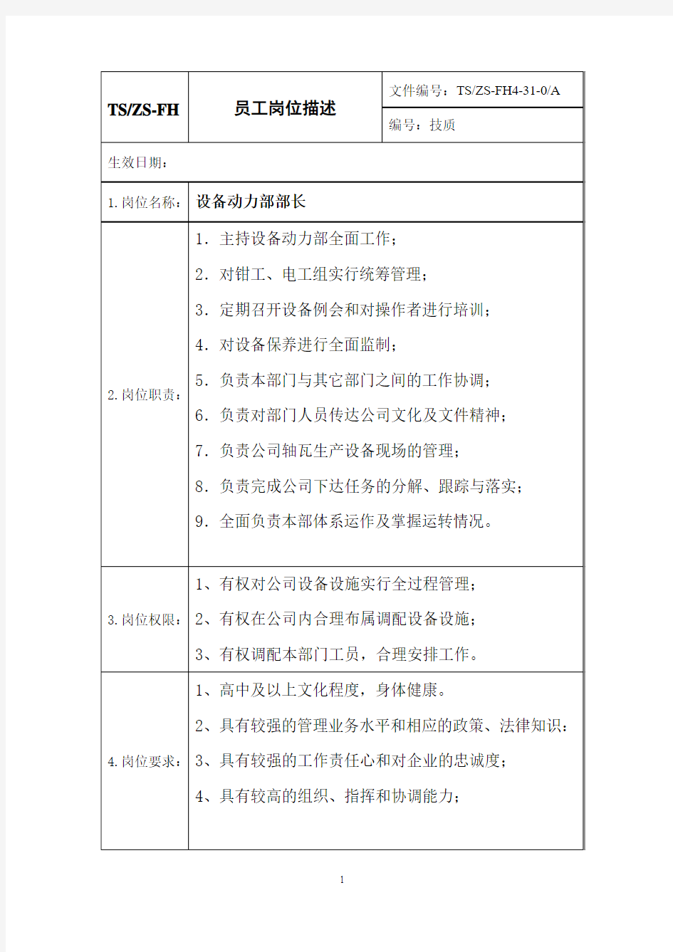 设备动力部人员岗位职责(表)