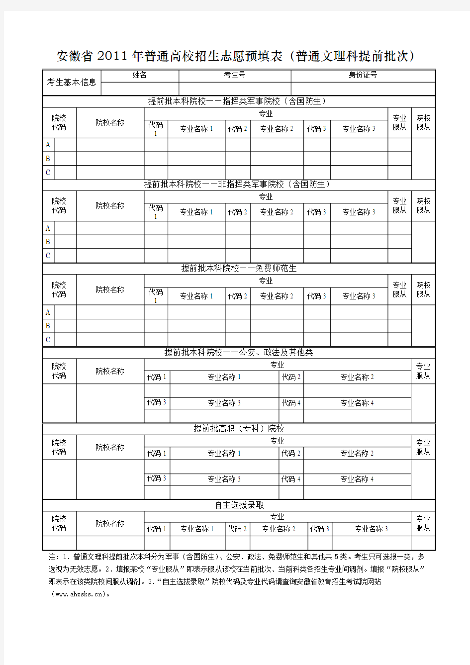 安徽高考志愿表