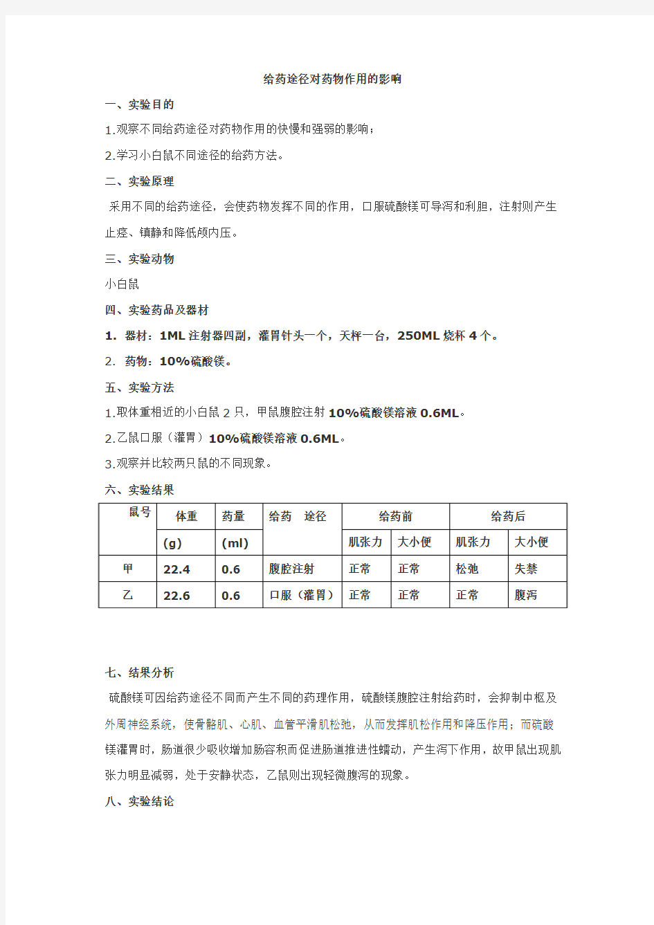 实验一  不同给药途径对药物作用的影响