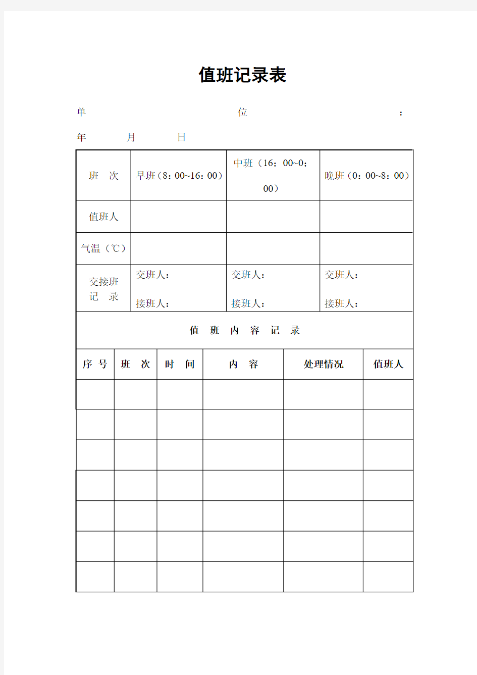 值班记录表(DOC格式)模板范文