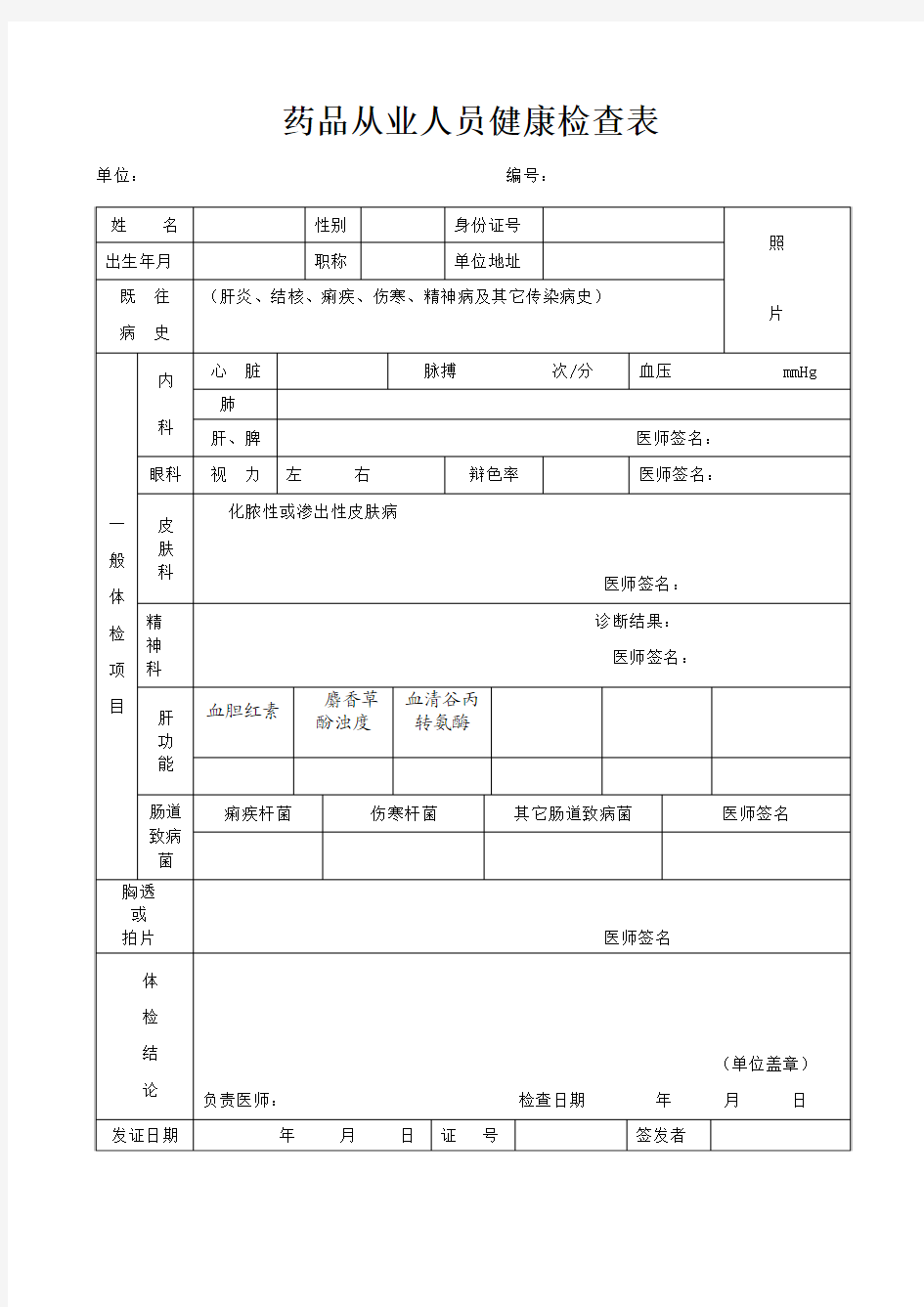 药品从业人员健康检查表1