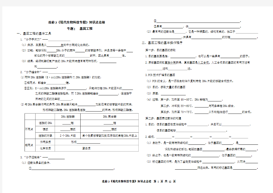 选修3现代生物科技专题重点知识点(填空)