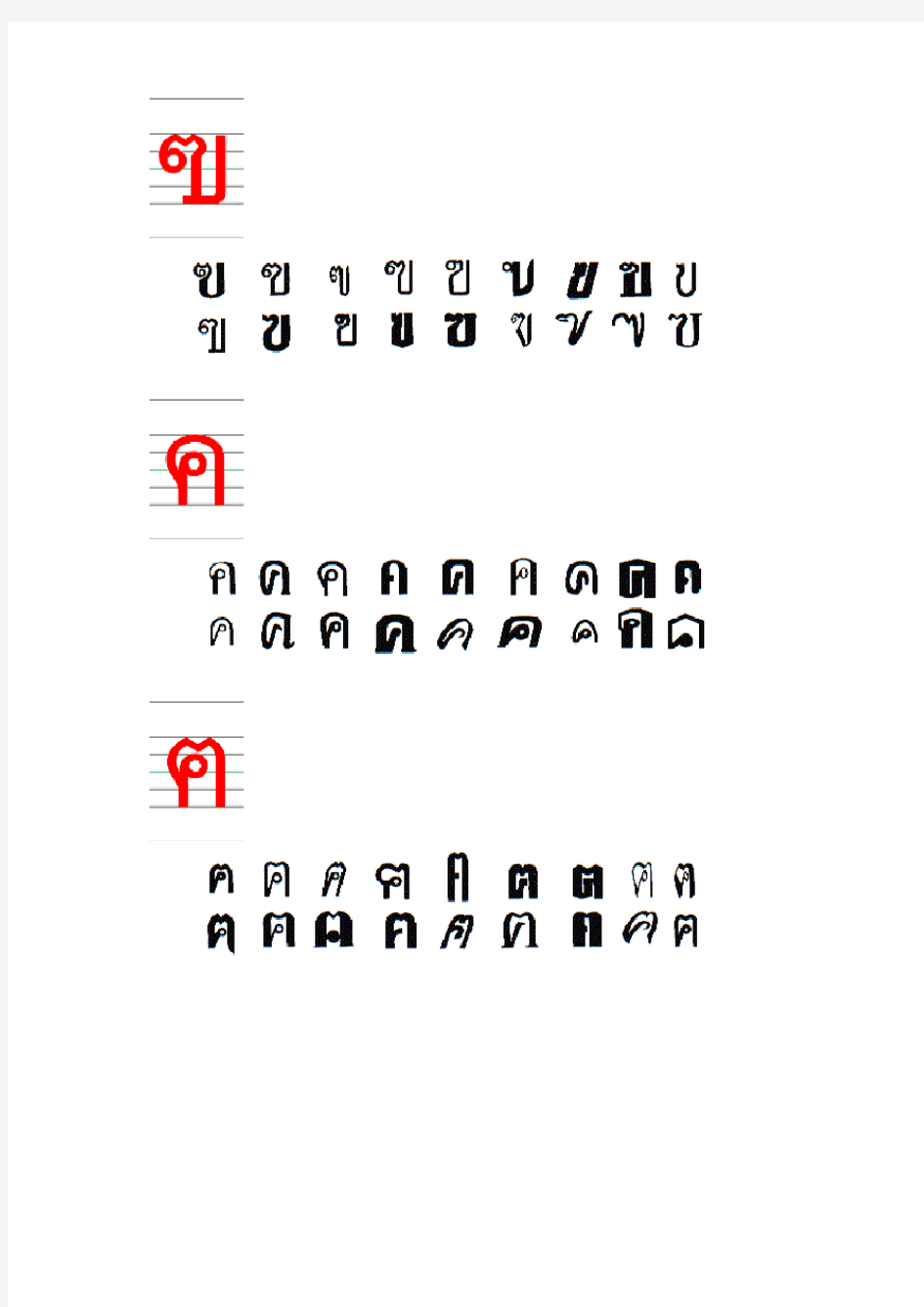泰语辅音字母的笔顺和字体