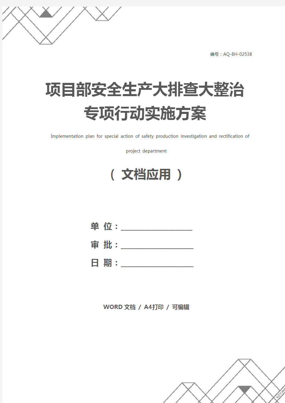 项目部安全生产大排查大整治专项行动实施方案