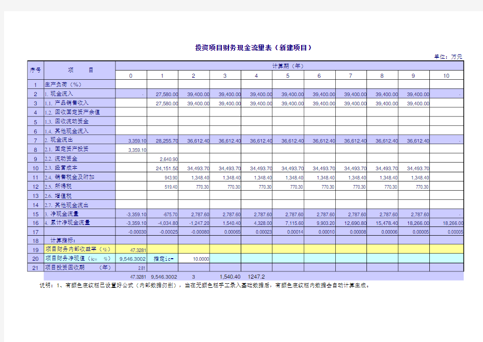 现金流量表计算投资项目财务指标(空表)