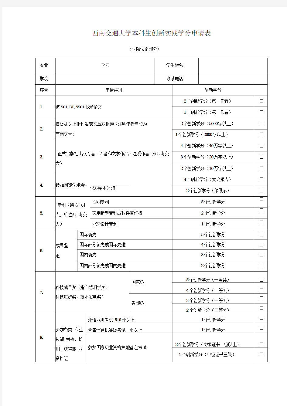 西南交通大学本科生创新实践学分申请表